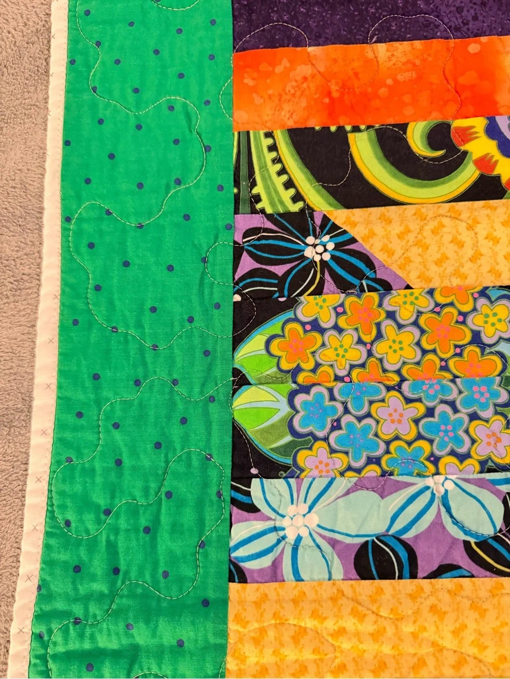 Handmade Bright Patchwork lap Quilt, wall hanging or bed accent. 29 x 37 inches.